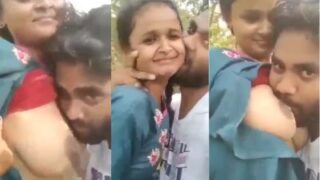 Indian outdoor sex of a guy sucking his GF’s tight boobs