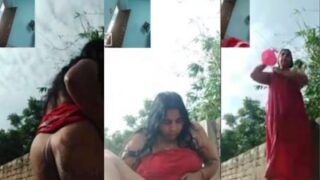 Nude desi Bhabhi bathing outdoors and enjoys video call sex
