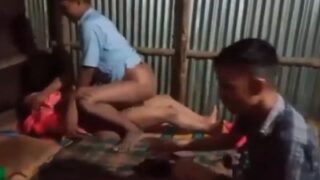 Three village guys fuck a cheap whore together in sex MMS