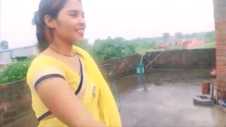 Cute Yellow Saree Bhabi Fucked in open Terrace