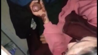 Shy girlfriend sucking dick of lover through pant zip open