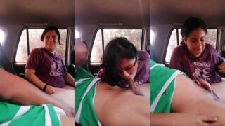 Horny Aunty sucks a young man’s big dick in a car